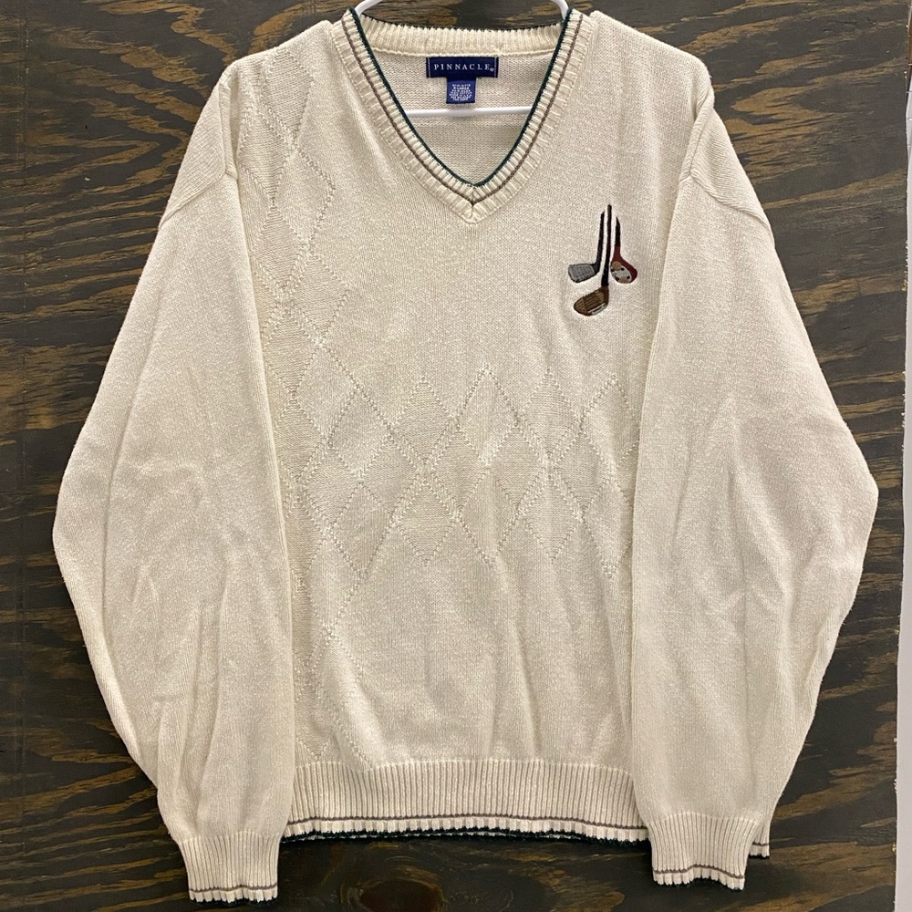 Vintage 90s Pinnacle Golf Sweater Men’s XL Made in USA V-Neck Cotton Knit Cream